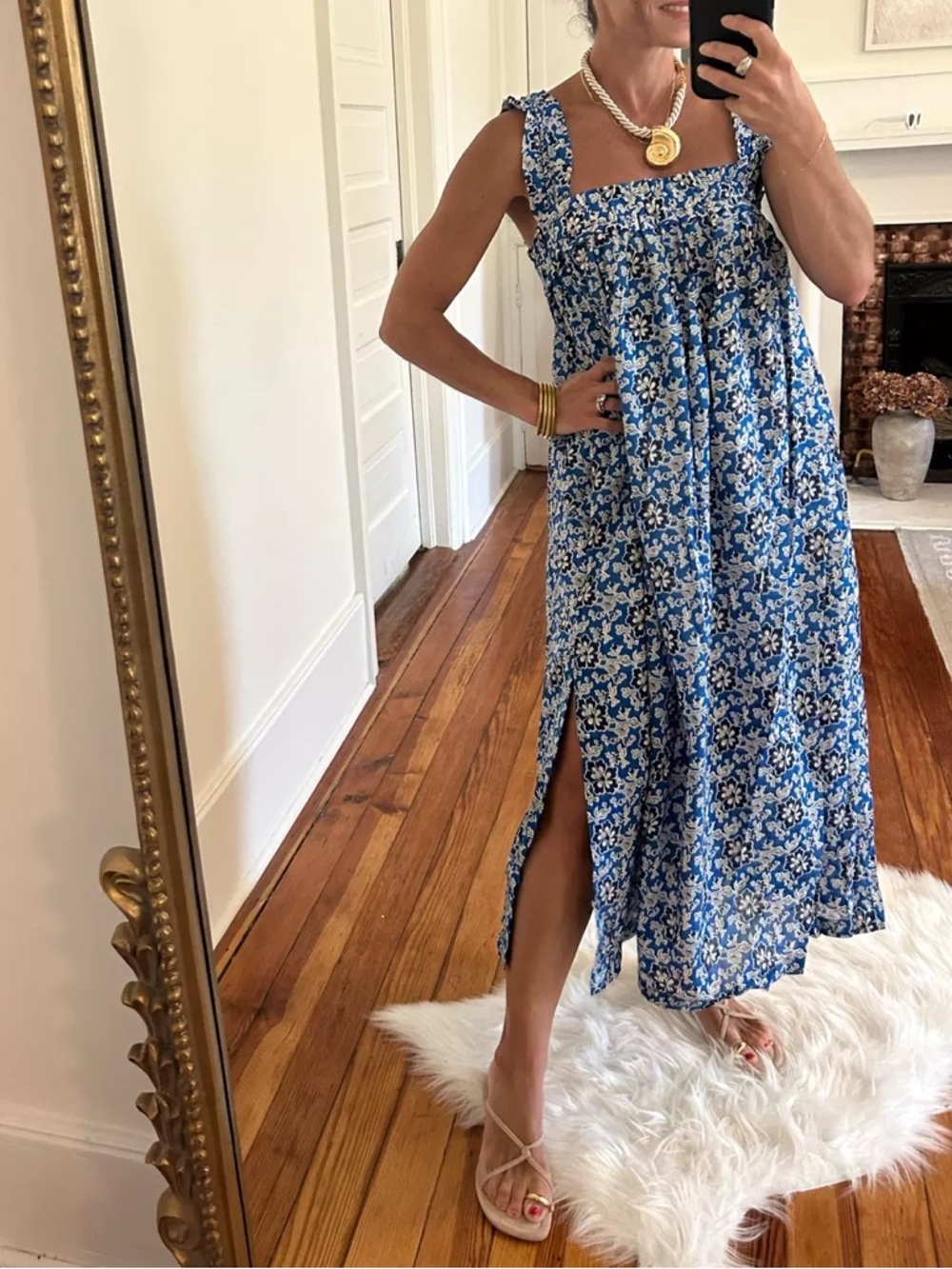 J.Crew Blue Floral Square Neck Maxi slit Dress cottagecore boho chic poplin co